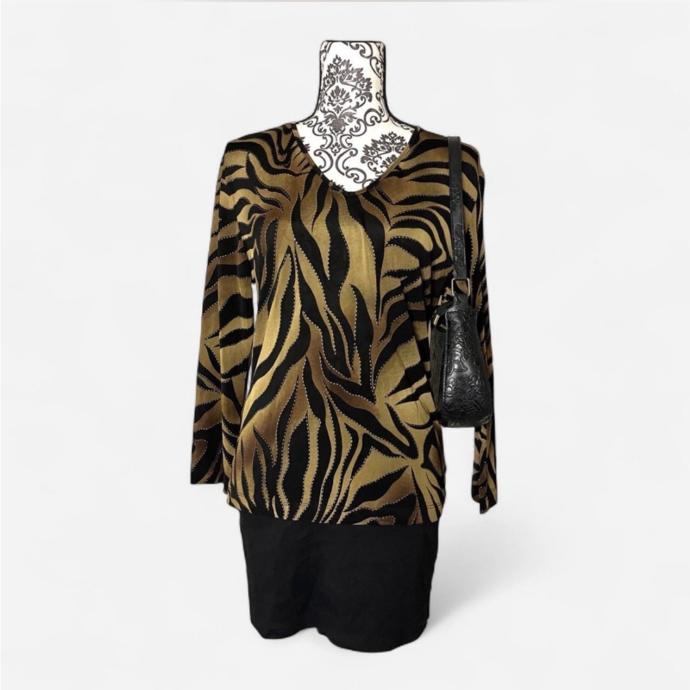 Brown zebra print long sleeve top with rhinestones and black lining